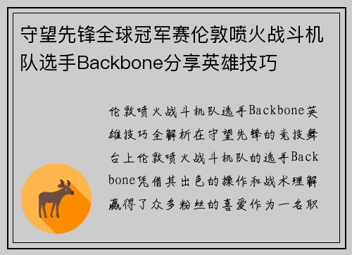 守望先锋全球冠军赛伦敦喷火战斗机队选手Backbone分享英雄技巧